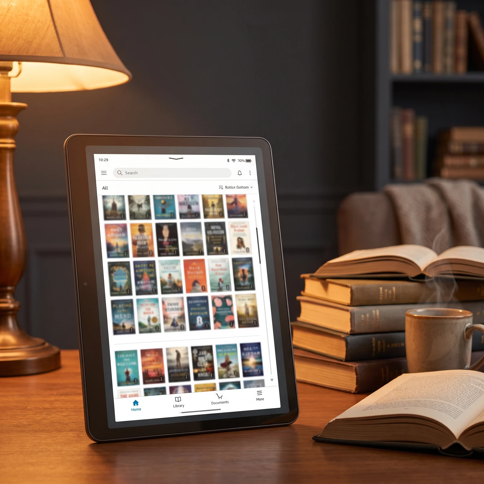 Tablet com uma biblioteca digital de capas de livros aberta, ao lado de livros e um abajur